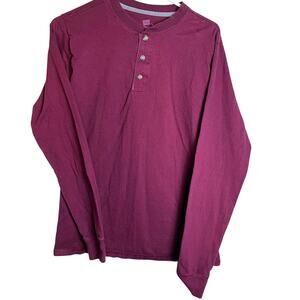 HANES Beefy Button Down Burgundy Long Sleeved Tee, Size S